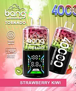 Promotional Image For The Bang Tornado Disposable Vape Device Featuring 40,000 Puffs, Branded With Strawberry Kiwi Flavor And Showcasing Its Mesh Coil, Adjustable Power, Large Battery, And Type-C Charging Capabilities.