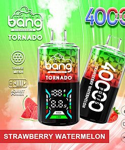 Promotional Image For Bang Tornado Strawberry Watermelon Disposable Vaping Device Featuring 40,000 Puffs, 850Mah Battery, Adjustable Power, And Type-C Charging, With Fruit Illustrations And A Stylized Display.