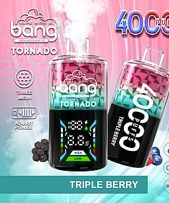Promotional Graphic Of The Bang Disposable Tornado Vaping Device Displaying Its Features Such As 40,000 Puffs, Triple Berry Flavor, Adjustable Power, And A Digital Screen With High And Low Settings.