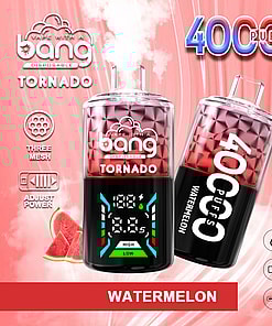 Promotional Image For The Bang Tornado Disposable Vape Device Featuring Watermelon Flavor, 40,000 Puffs, 40Ml E-Liquid Capacity, 850Mah Battery, And Adjustable Power Features, With A Vibrant Red And Black Design.