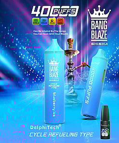Promotional image showcasing Bang Blaze Shisha devices featuring Blueberry Ice flavor, a hookah in the background, and product specifications such as 40,000 puffs and cycle refueling type.