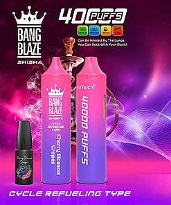 Promotional Image For Bang Blaze Shisha With Cherry Blossom Grape Flavor. Features Two Colorful Devices Alongside A Flavor Bottle, Highlighting '4000 Puffs' And 'Cycle Refueling Type' Amidst A Vibrant Purple And Red Background With Hookah Illustration.