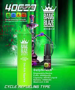 Promotional Image Showcasing The Bang Blaze Shisha Disposable Vaping Device With Double Apples Flavor, Alongside A Liquid Refill Bottle And A Traditional Hookah, Set Against A Green Illuminated Background.