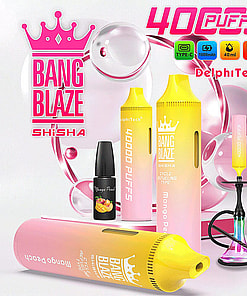 Promotional Image Showcasing Bang Blaze Electronic Shisha Devices And Accessories In Vibrant Colors, Labeled 