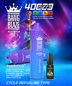 Promotional Image Displaying Bang Blaze Shisha, A Disposable Mixed Fruit-Flavored Vaping Device, Alongside A Refill Bottle, Featuring A Blue-Themed Design With Product Highlights And Specifications, Including 40,000 Puffs And A 1000Mah Battery.