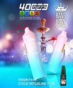 Promotional Image Featuring Two Bang Blaze Shisha Devices Labeled 'Peach Ice' With 4000 Puff Capacity, A Hookah In The Background, And A Small Bottle Of Peach Ice Flavoring In The Foreground.