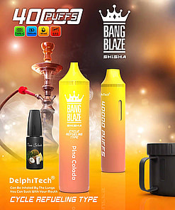 Promotional Image Featuring Two Yellow Shisha Devices Labeled 'Bang Blaze Pina Colada' With Additional Product Icons And An Orange Accent Backdrop.