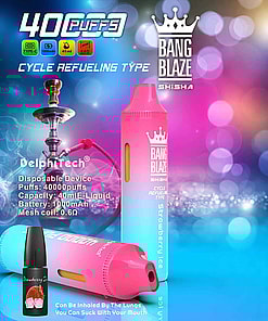 Promotional Image For Delphitech's Bang Blaze Disposable Shisha Device Featuring 40,000 Puffs, 40Ml E-Liquid Capacity, 1000Mah Battery, And Mesh Coil, With A Colorful Gradient Design And Strawberry Ice Flavor Bottle In The Foreground.