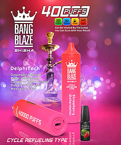 A Promotional Image Showcasing The Bang Blaze Shisha Disposable Vaping Device With Details Including 40,000 Puffs, 40Ml E-Liquid Capacity, 1000Mah Battery, And 0.6 Mesh Coil, Set Against A Colorful Background Featuring Vapor And A Hookah Silhouette.