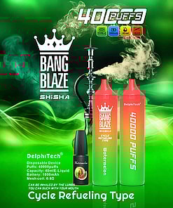 Promotional Image For The Bang Blaze Disposable Vape Showcasing Watermelon Flavor, Featuring Specifications Like 40,000 Puffs, 40Ml E-Liquid Capacity, And 1000Mah Battery, Displayed Alongside A Shisha Pipe On A Green Background With Vapor Effects.