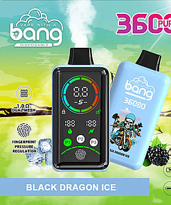 Promotional Graphic Showcasing A 'Bang Disposable' Vape Device With Product Highlights: 1.0Ω Dual Mesh, Fingerprint Pressure Regulation, 36Ml Volume, 850Mah Battery, And Type-C Charging. Featured In The Black Dragon Ice Variety, Displaying A Colorful Device Design And Branding Elements.