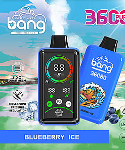 Promotional Image Of A Bang Disposable Vape For Blueberry Ice Flavor, Featuring A Digital Display Device, Specifications Including 3600 Puffs, 1.0 Ω Dual Mesh, Fingerprint Pressure Regulation, 36 Ml E-Liquid Capacity, An 850 Mah Battery, And Type-C Charging, Set Against A Vibrant Scenic Background.