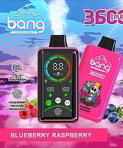 Promotional Image Showcasing The Bang Disposable Vape Device In Blueberry Raspberry Flavor, Featuring A Digital Display, 36 Ml E-Liquid Capacity, 850Mah Battery, And Type-C Charging, Set Against A Colorful, Cloud-Filled Background.