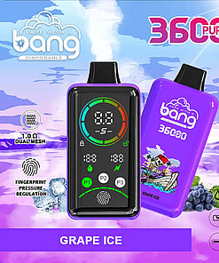 Promotional Image Showcasing A Purple Disposable 36000-Puff Vape Titled 'Bang Disposable' In 'Grape Ice' Flavor, Featuring A Digital Display, Fingerprint Pressure Regulation, And Type-C Charging Capability, Surrounded By A Vapor-Themed Background With Ice Cubes And Grapes.