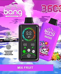 A promotional image for the 'Bang 36000 Power Puffs electronic vape featuring Mix Fruit flavor, showcasing a digital indicator screen and a colorful tropical-themed device design in a vibrant purple color scheme.