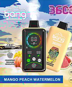 Product Advertisement For A Disposable Vape Device Featuring 36000 Puffs, Fingerprint Pressure Regulation, And A Mango Peach Watermelon Flavor.