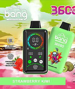 Promotional Image Featuring Two Bang Disposable Vape Devices With A Green Design For The Strawberry Kiwi Flavor. Includes Detailed Features Such As A Digital Display, Pressure Regulation, And Specifications Like 36000 Puffs And 36Ml Volume. Background Shows Stylized Kiwi And Strawberry Visuals.
