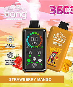 Promotional Image For The Bang Disposable Vape Device In Strawberry Mango Flavor, Featuring A Digital Display And Advertising 3600 Puffs, 36 Ml Liquid Capacity, An 850Mah Battery, And Usb Type-C Charging.