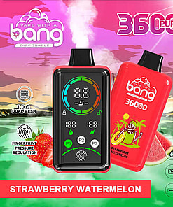 A promotional image for Bang Disposable vaping devices featuring the strawberry watermelon flavor, showing detailed features like a digital display, dual mesh coils, fingerprint pressure regulation, 850mAh battery, Type-C charging, and 3600 puffs capacity. Background includes a colorful tropical scene with strawberries and watermelons.