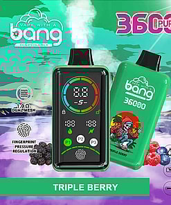 Promotional Image Showcasing The Bang Disposable Vape With Triple Berry Flavor, Featuring A Green Device, 3600 Puff Capacity, Digital Control Panel, And Specifications Like 850Mah Battery And Type-C Charging.