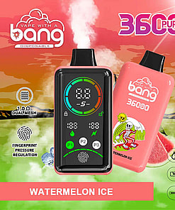 Promotional Image Of A Bang Brand Disposable Vape In Watermelon Ice Flavor, Showcasing Its 36000 Puff Capacity With Colorful Packaging Featuring A Skeleton Design And Technical Specifications For Battery And Charging.