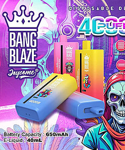 Promotional graphic displaying colorful disposable vape devices branded as Bang Blaze 40000 with technical specifications, including 650mAh battery capacity and 40mL e-liquid, showcased against a vibrant, artistic background.