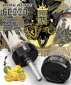 Promotional image for the Bang Blaze disposable vape device featuring a close-up of its design and specifications: 60,000 puffs, 40ml e-liquid capacity, 1000mAh battery, and 0.6Ω mesh coil. Passion fruit flavor is highlighted alongside decorative illustrations, emphasizing the product's artisanal aesthetic.