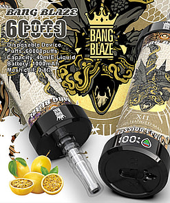 Promotional Image For The Bang Blaze Disposable Vape Device Featuring A Close-Up Of Its Design And Specifications: 60,000 Puffs, 40Ml E-Liquid Capacity, 1000Mah Battery, And 0.6Ω Mesh Coil. Passion Fruit Flavor Is Highlighted Alongside Decorative Illustrations, Emphasizing The Product'S Artisanal Aesthetic.