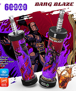 Promotional Image For The Bang Blaze Disposable Vaping Device, Featuring Two Devices With A Vibrant Fantasy Knight-Themed Design, Highlighting Key Features Such As 6000 Puffs, A 40Ml E-Liquid Capacity, A 1000Mah Battery, And A 0.6Ω Mesh Coil.