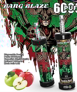 Promotional Image Featuring Bang Blaze Double Apple Disposable Vape Devices With A Detailed Graphic Design And Product Specifications, Accompanied By Fresh Apple Illustrations.