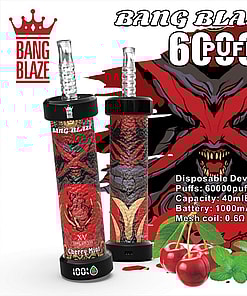 Promotional Image For The Bang Blaze Cherry Mint Xv Disposable Vaping Device Featuring Bold Red And Black Graphic Design With Devil-Themed Illustrations, Attributes Including 60000 Puffs, A 40Ml E-Liquid Capacity, 1000Mah Battery, And 0.6Ω Mesh Coil, Accompanied By Mint Leaves And Cherries Representing The Flavor.