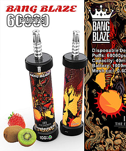 Promotional Image Featuring Bang Blaze Disposable Vaping Devices With Ornate Red Designs Labeled 'The Empress,' Alongside A Product Description Showcasing Specifications And Flavors Such As Strawberry And Kiwi.