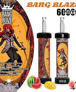 Vape Product Display Featuring Two Devices With Colorful Designs And A Character Illustration, Alongside Text Listing Specifications Like 6000 Puffs, Peach-Mango-Watermelon Flavor, And 1000Mah Battery.