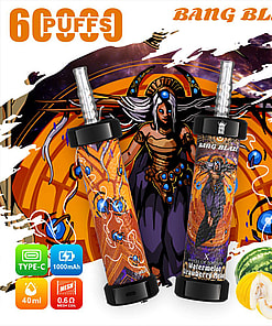 Promotional Display Featuring Two Bang Blaze Vaping Devices In Vibrant Orange And Black Designs, Positioned With Artistic Background Of A Mystical Figure, Alongside Flavor And Technical Details Including 'Watermelon And Strawberry Melon' And Specifications Like 6000 Puffs, 40Ml E-Liquid Capacity, And 1000Mah Battery.