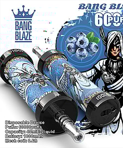 Promotional Display For Bang Blaze Disposable Vape Device With Blueberry Flavor, Featuring Styled Packaging And Device Specifications Such As 60000 Puffs, 40Ml E-Liquid Capacity, 1000Mah Battery, And A 0.6Ω Mesh Coil; Illustrated With A Blueberry Cluster And Character Artwork In A Blue-Themed Design.