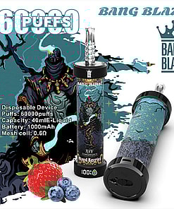 Promotional Image Showcasing A Bang Blaze Disposable Vaping Device With '60,000 Puffs' Text And Mixed Berry Flavor, Featuring Details About Capacity, Battery, And Coil Specification, Alongside Blueberries And A Strawberry Graphic.
