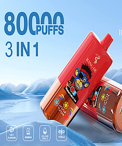 Promotional Image Of Bang De 3-In-1 Vaping Device Featuring A Colorful Cartoon Monkey Design, Showcasing Features Like 8000 Puffs, 650Mah Battery, 20Ml Capacity, And Type-C Charging, Set Against A Frosty Landscape Background.