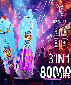Promotional Image For Bang De Vape, Featuring Two Colorful Devices And Branding Details, Set Against A Vibrant Nightclub Backdrop.