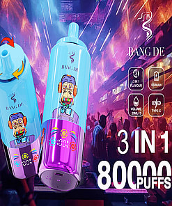 Promotional Image For The 'Bang De' 3-In-1 Vape Device Featuring A Colorful Design With A Cartoon Character, Highlighted Product Specifications, And 80,000 Puffs Claim, Shown Against A Vibrant Club Background.
