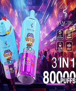 Promotional Image Of A Brightly Colored Vaping Device Labeled 'Bang De' With A Cartoon Design, Set Against A Lively Club Scene Background, Highlighting Features Such As A 650Mah Battery, 3-In-1 Flavor Options, And 80,000 Puffs Capacity.