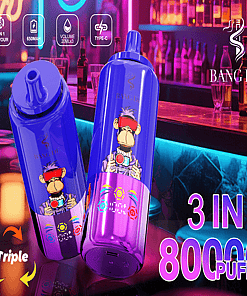 A Promotional Image For The Bang De Vape Device In Neon-Lit Bar Setting, Showcasing Two Colorful Vape Devices With A Monkey-Graphic Design, Highlighting Key Features Such As 3-In-1 Flavor, 650Mah Battery, 20Ml Liquid Capacity Across Three Cartridges, Type-C Charging, And 8000 Puff Capacity, With The Text 'Triple' Indicating Flavor Options.