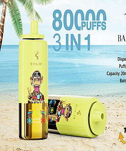 Promotional Image Of The Bang De Disposable Vaping Device In Yellow, Featuring 80,000 Puffs Capacity, 20Mlx3 E-Liquid Volume, And A 650Mah Battery, Displayed Against A Beach Background With A Palm Tree.