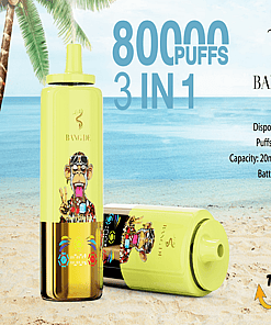 A Promotional Image For Bang De Disposable Vape Device Featuring 80,000 Puff Capacity, 3-In-1 Triple Functions, 20Ml X 3 E-Liquid Capacity, And A 650Mah Battery, Displayed On A Tropical Beach Background.