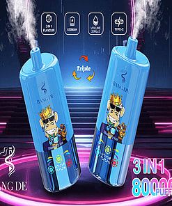 Promotional image of Bang De electronic cigarettes featuring a blue device with '3 in 1' flavor capability, 650mAh battery, and 80000 puffs claim, displayed with vibrant artwork and neon effects.