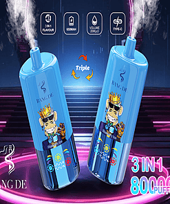 Promotional image showing two blue vape devices labeled 'Bang De' with a cartoon monkey wearing a crown, showcasing features like '3 in 1 flavor' and '8000 puffs' against a neon-lit background.