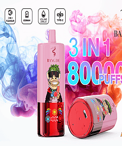 Promotional Image For A Bang De Vape Device, Featuring A Pink Design With A Cartoon Logo, Specifications Like '3 In 1 Flavour', '650Mah', And '80000 Puffs', Set Against A Colorful Background Of Swirling Orange And Blue Vapor.