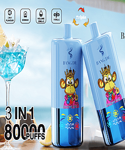Two Blue Bang De Vaping Devices Featuring A Cartoon Monkey Wearing A Crown And A Pink Jacket, Showcasing Their Branding, Triple Flavor Feature, And 80,000-Puff Capacity Against A Summer-Themed Backdrop.