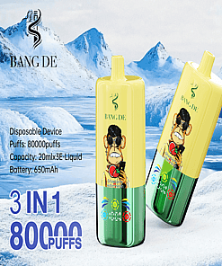 Promotional Image Of Bang De Disposable Vaping Devices With A Mountain Background, Highlighting Features Such As 80,000 Puffs, 20Mlx3 E-Liquid Capacity, 650Mah Battery, And A Triple Flavor System.