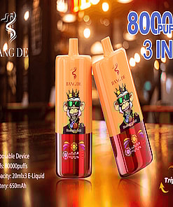 Promotional Image For Bang De Disposable Vaping Device Featuring An Orange Design With A Cartoon Monkey Illustration, Highlighting Specifications Of 80,000 Puffs And A 650Mah Battery, With Text Overlay Describing Capacity And Features.