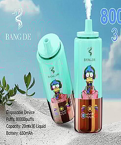 A Promotional Image Featuring Two Bang De Disposable Vaping Devices With A Mint Green Top And Metallic Bottom, Displaying A Cartoon Bird Character Design. Specifications Include 80,000 Puffs, 20 Ml × 3 E-Liquid Capacity, 650 Mah Battery, And “3-In-1” Flavor Functionality.